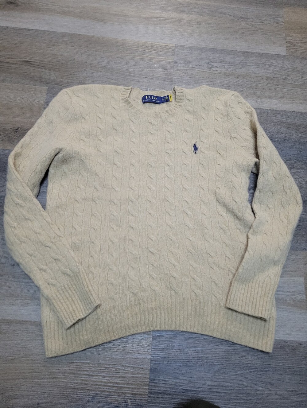 Ralph Lauren Cream Cable-Knit Crewneck Sweater with Navy Polo Logo